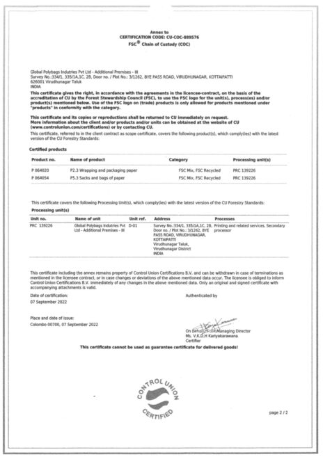 FSC Certificate Global Polybags